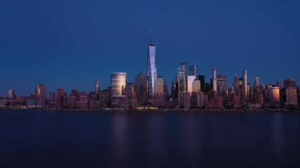 Skyline of Lower Manhattan, New York City at Evening Twilight. Aerial View. USA — Stock Video