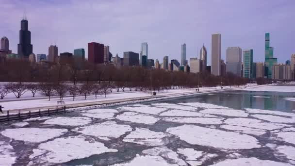 Chicago i Lake Michigan w zimowy mroźny dzień. Widok z powietrza, USA — Wideo stockowe