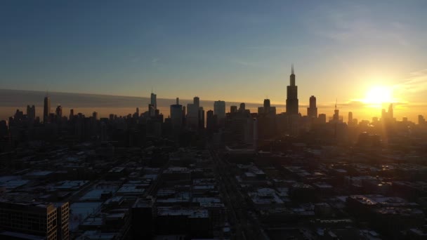Urban Cityscape of Chicago at Winter Sunrise. Golden Hour. Aerial View. USA — Stock video