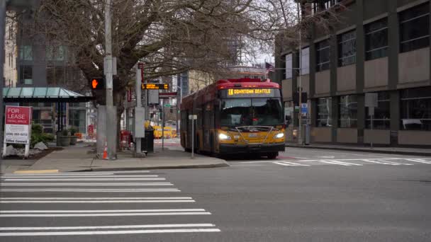 SEATTLE, Verenigde Staten - FEBRUARI 4, 2021: Bus op Seattle Street — Stockvideo