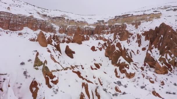 Cappadocië in de winter. Turkije. Luchtzicht — Stockvideo