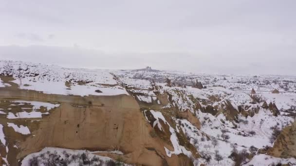 Cappadocië in de winter. Turkije. Luchtzicht — Stockvideo