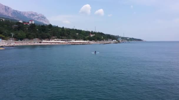 Sup Boarding, Sea and Mountains. Aerial View — Stock Video