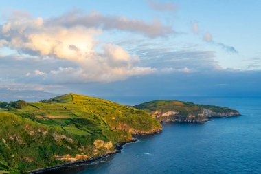 Green Lush Hills with Pasturelands. Atlantic Ocean. Azores, Sao Miguel Island, Portugal