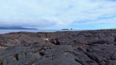 Sahilde ve Atlantik Okyanusu 'nda volkanik kayalar. Pico Adası. Azores. Portekiz. Hava görüntüsü. Drone İleri Gidiyor