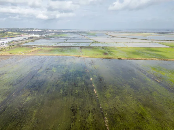 Kış mevsiminde Tagus Nehri 'ndeki Fluvial Flood. Tarım Tarlalarını sel bastı. Hava Aracı Atışı. Azambuja, Lizbon, Portekiz