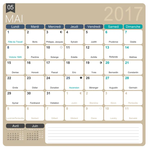 Calendario francese 2017 — Vettoriale Stock