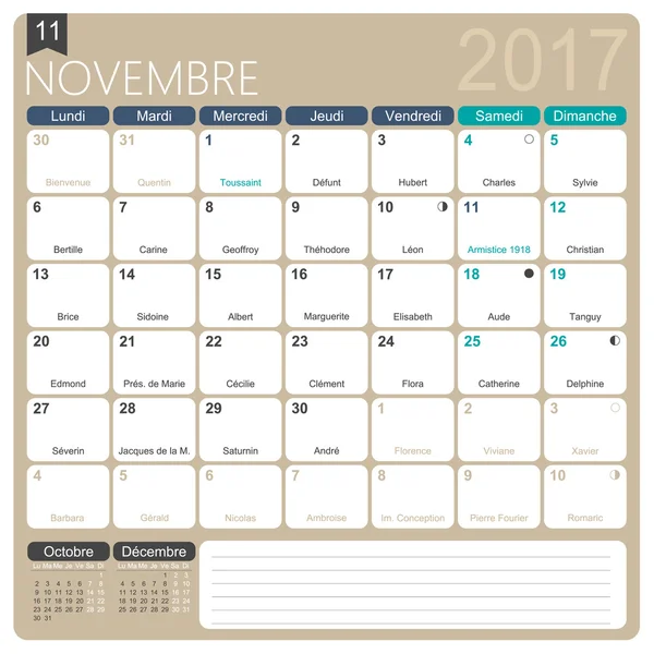 Calendario francés 2017 — Archivo Imágenes Vectoriales