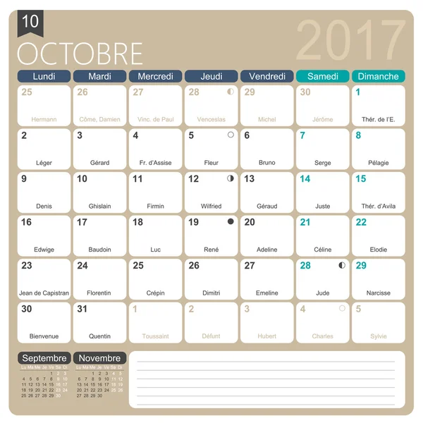 Calendario francés 2017 — Archivo Imágenes Vectoriales