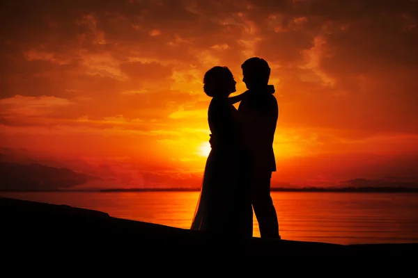 석양에 키스 하는 커플의 실루엣 — 스톡 사진