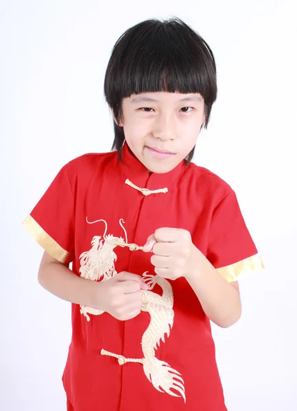 Roztomilý kluk na sobě červený oblek Číňané — Stock fotografie