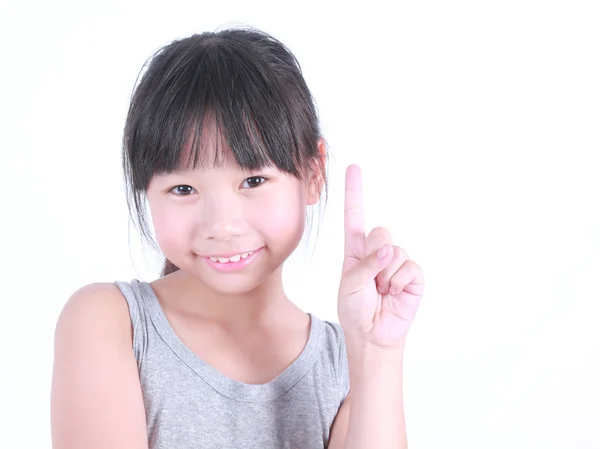 Aziatisch Meisje Met Vinger Omhoog Witte Achtergrond — Stockfoto