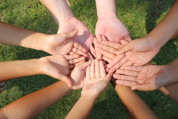 Children Holding Hands Green Grass Background — Stock Photo, Image