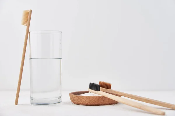 Bamboo Toothbrushes Baking Soda Glass Water White Background Eco Friendly — Stock Photo, Image