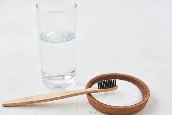 Bamboo Toothbrush Baking Soda Glass Water White Background Eco Friendly — Stock Photo, Image