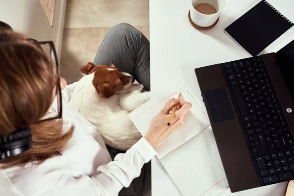 Uzaktan kumanda. Çevrimiçi kurslar, uzaktan eğitim ve e-öğrenme konsepti. Kulaklıklı kadın dizüstü bilgisayardaki ses kursunu dinliyor.