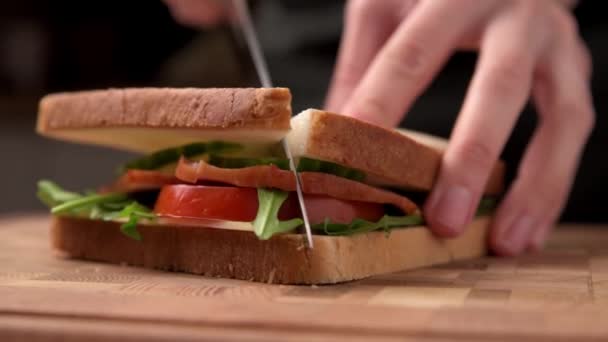 Vrouw Snijdt Een Sandwich Met Een Mes — Stockvideo