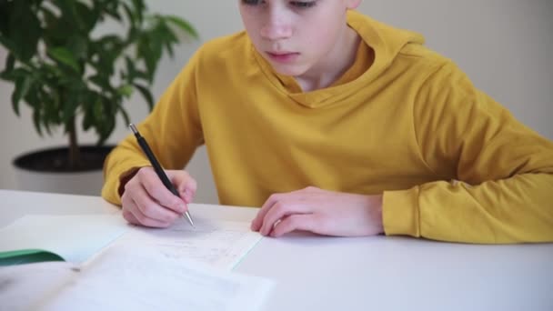 Chico escribiendo deberes. Colegial haciendo notas en cuaderno en casa — Vídeos de Stock