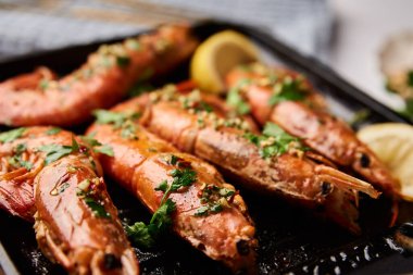 Izgarada limonlu ve baharatlı büyük karidesler.