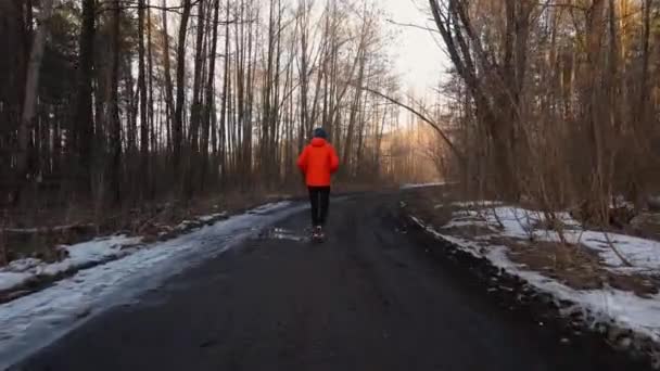 冬に森の中を走る男。冬のジョギング — ストック動画