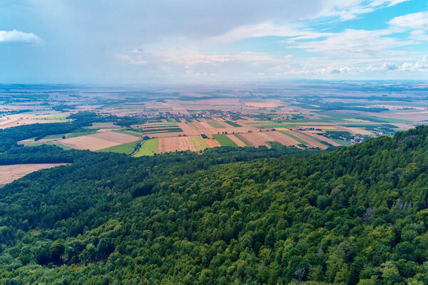 Aerial view of beautiful landscape in Mountains with forest. Sleza mountain near Wroclaw in Poland. Nature background