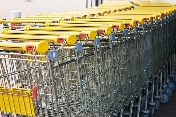 Reihe leerer Einkaufswagen in der Nähe eines Geschäfts, Nahaufnahme — Stockfoto