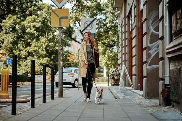 Frau Geht Sommer Mit Hund Auf Der Stadtstraße Spazieren — Stockfoto