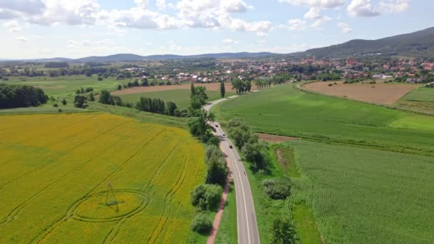 Vue aérienne de voitures se déplaçant sur la route à travers les champs agricoles près des montagnes — Video
