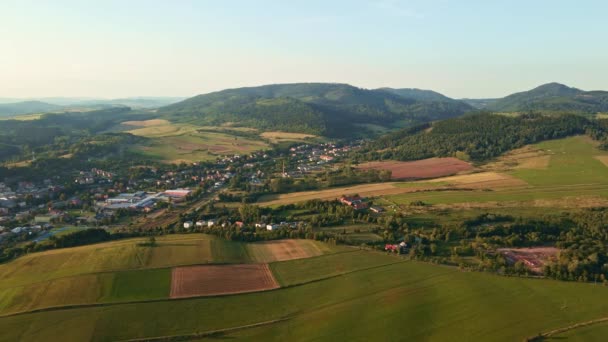 Paesaggio con montagne, campi verdi e villaggio di campagna, vista aerea — Video Stock