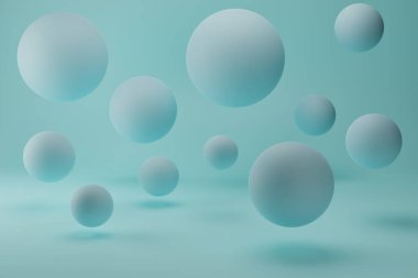 Pastel arka planda mavi uçan baloncuklu gerçekçi 3D görüntüleme