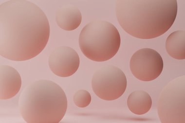Pastel arka planda pembe uçan baloncuk küreleri ile gerçekçi 3D görüntüleme