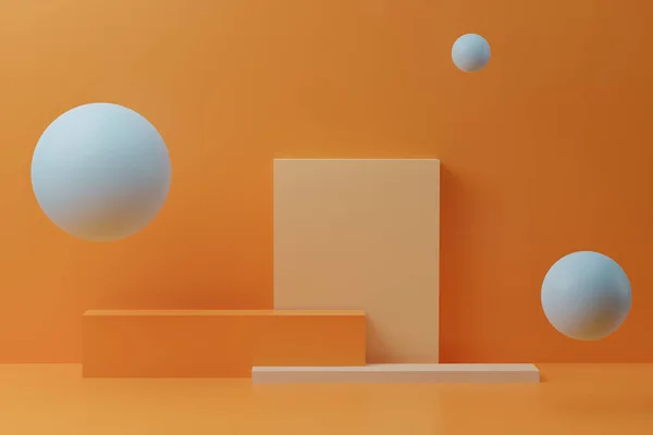3D рендеринг с квадратным подиумом и пузырьками на оранжевом фоне Стоковая Картинка