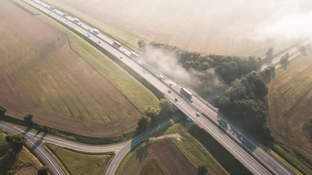 Hareket eden arabalarla otoyolun havadan görünüşü. Yol trafiği — Stok video