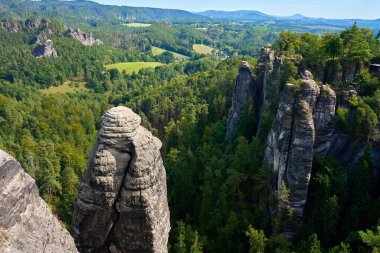 Close-up view of weathered sandstone rock formation above green forest in Saxon Switzerland National Park, Germany. Concept of natural geology and landscape