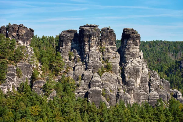Panoramic view of sandstone cliffs and green forest under clear blue sky in Saxon Switzerland National Park, Germany. Natural landscape
