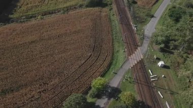 Tarlalar ve ağaçlarla çevrili kırsal yoldan geçen demiryolu manzarası. Taşımacılık altyapısı ve kırsal bağlantı kavramı