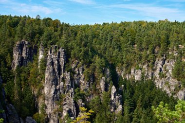 Saxon İsviçre Ulusal Parkı 'ndaki açık mavi gökyüzü altında sık yeşil ormanın üzerinde yükselen kumtaşı kulelerinin panoramik görüntüsü