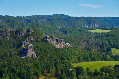 Panoramic view of sandstone cliffs and green forest under clear blue sky in Saxon Switzerland National Park, Germany. Natural landscape