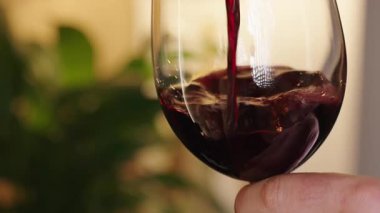 Ev içinde kırmızı şarabı şişeden cama döken elleri kapatın. Rahatlatıcı akşam, alkol içeceği ve boş zaman yaşam tarzı kavramı