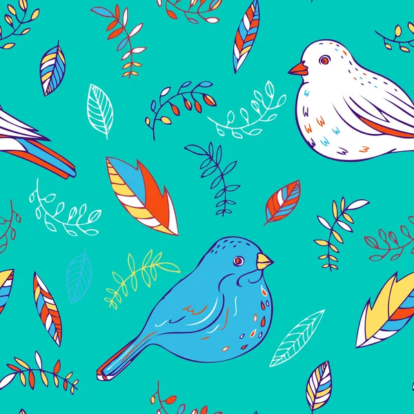Abstract vector seamless pattern with leaves and birds — Stock Vector