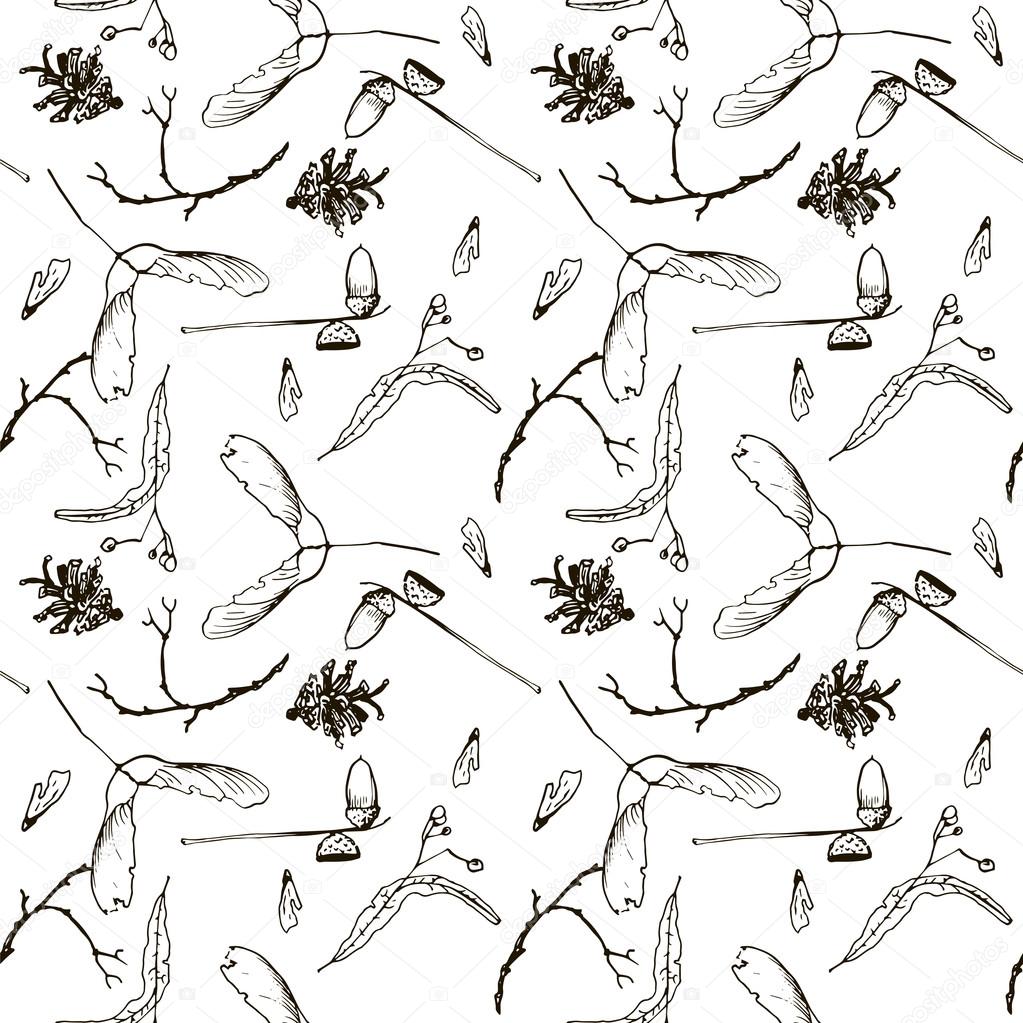 seamless pattern with twigs, seeds and acorns