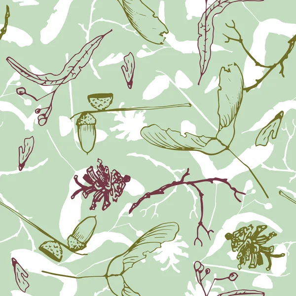 Seamless pattern with twigs, seeds and acorns — Stock Vector