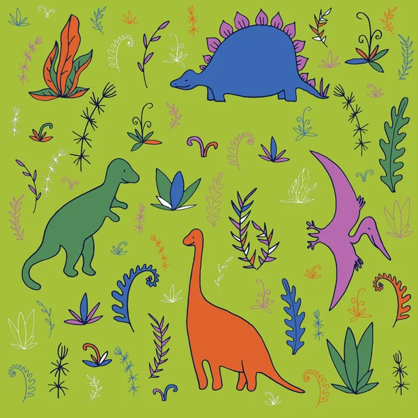 Dinosaurs and prehistoric plants — Stock Vector