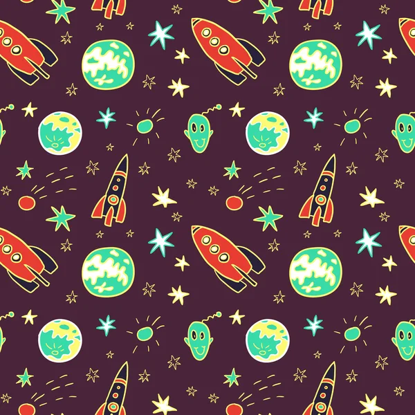 宇宙ロケット、惑星や星とシームレスなパターン ベクトル — ストックベクタ