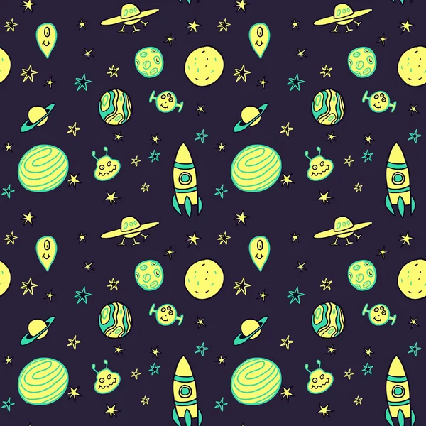 Vector seamless pattern with  space rockets, planets and stars — Stock Vector