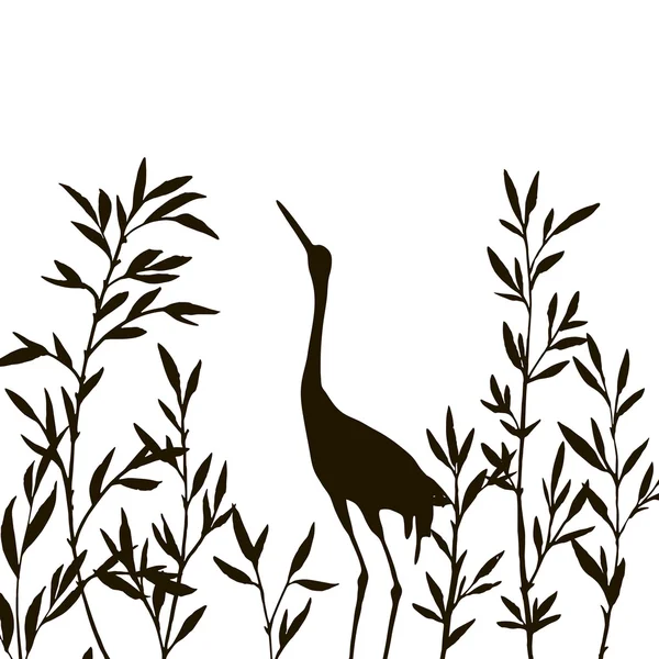 Heron in thicket of bamboo branches with leaves — Stock Vector