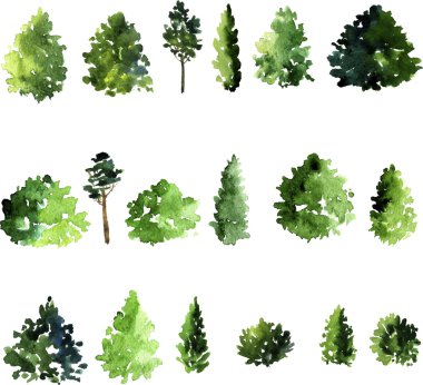 set of trees drawing by watercolor clipart