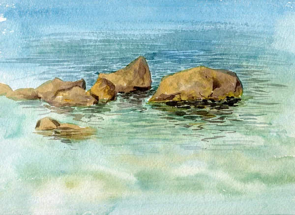 Watercolor sea stones and water — Stock Photo, Image