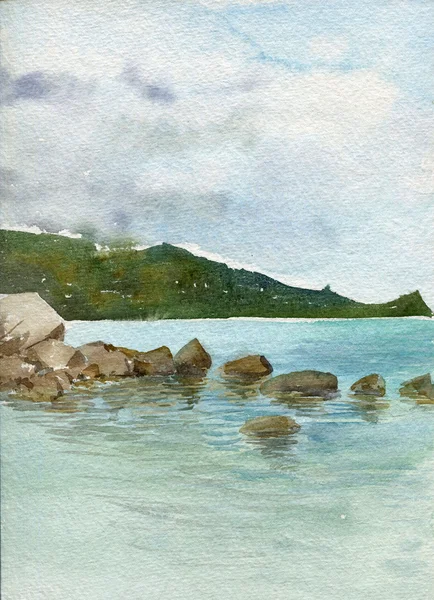 Paysage aquarelle avec des pierres au bord de la mer — Photo