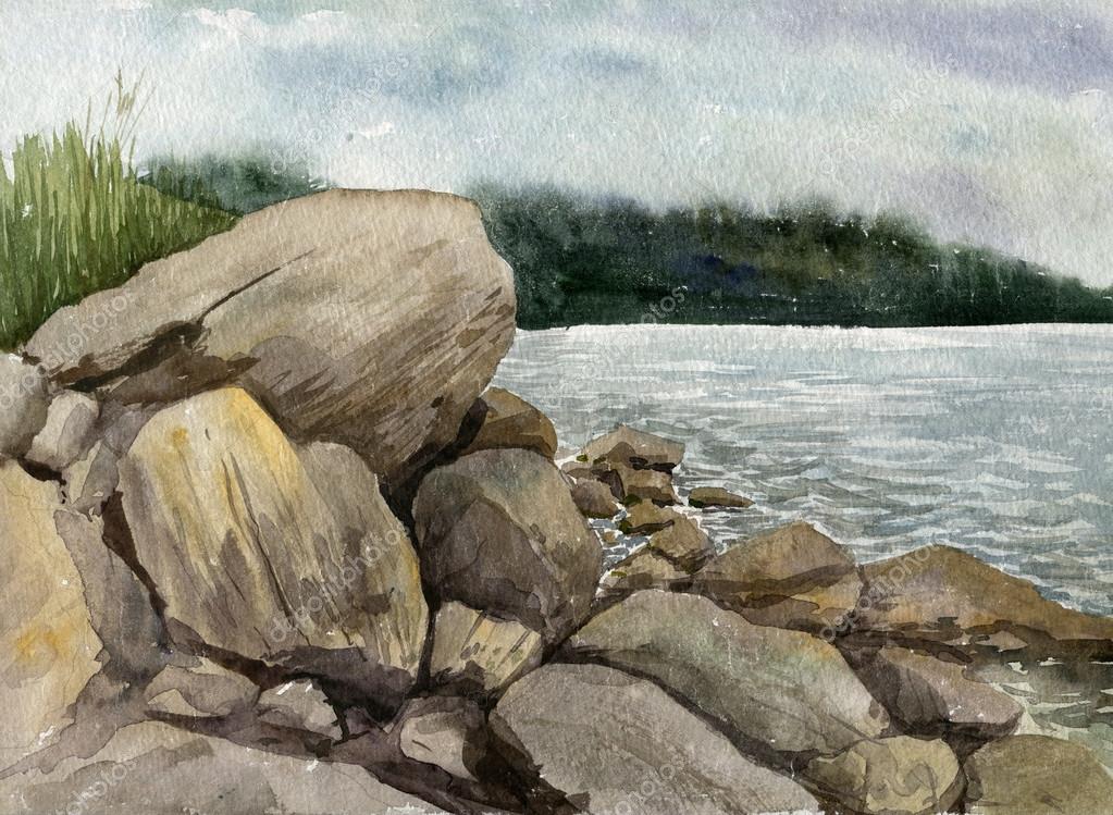 海岸で石を水彩の風景— ストックイラストレーション by 海岸で石を水彩の風景— ストックイラストレーション by